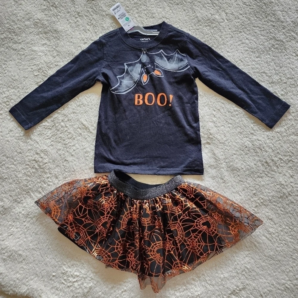 NEW toddler girl Halloween outfit, long sleeve top Bat BOO & tutu skirt, size 2t